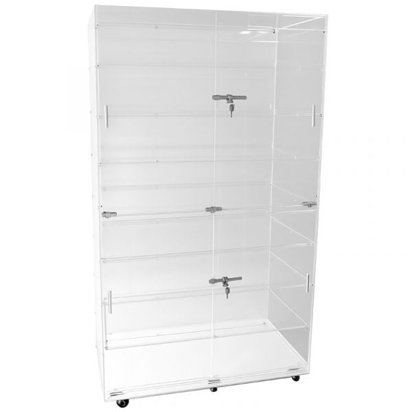 Retail Acrylic Display with Slide Lock on Wheels