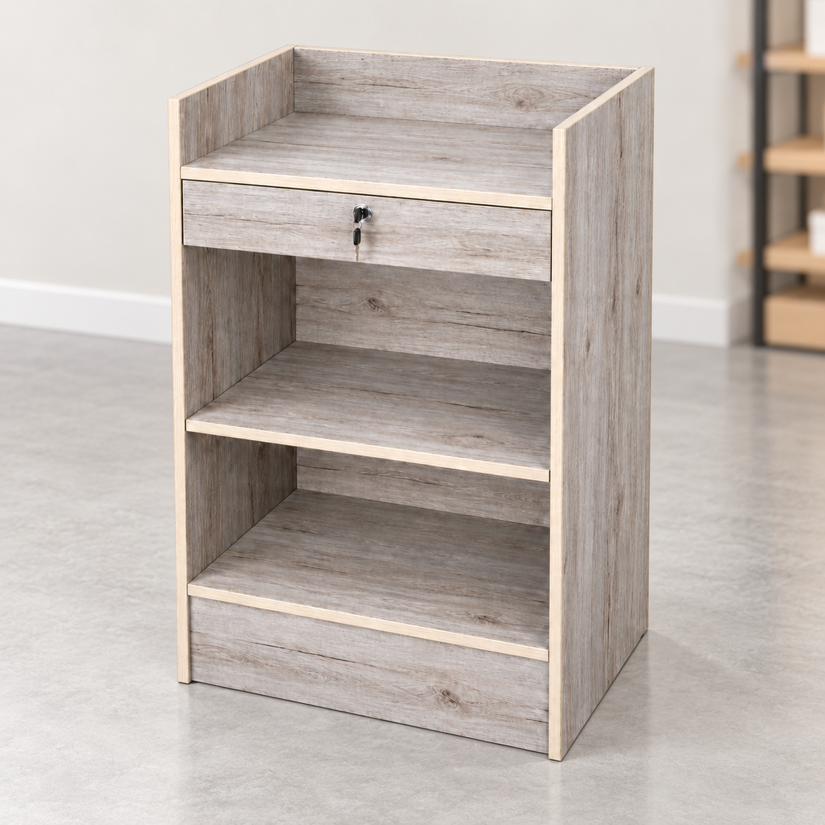Barnwood Retail Cash Register Stand back view in a simple store setting