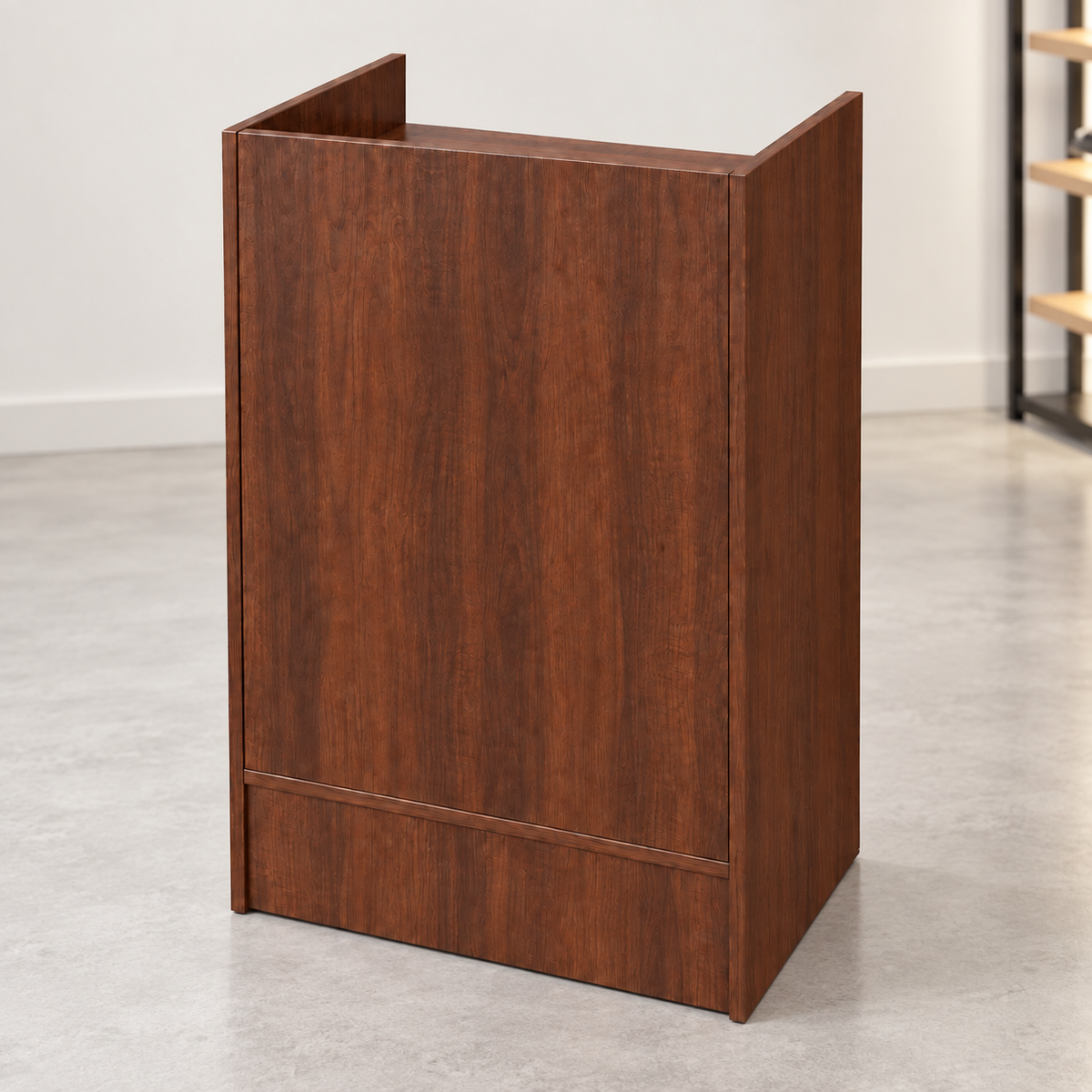 Walnut Retail Cash Register Stand front view in a simple store setting