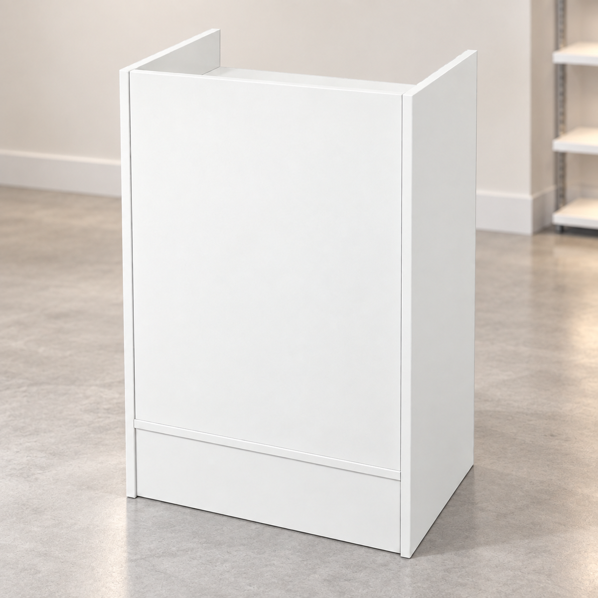 White Retail Cash Register Stand front view in a simple store setting