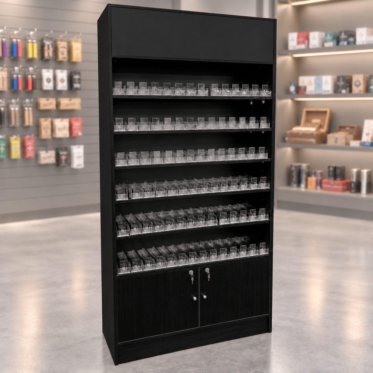 Black cigarette dispenser wallcase with locking storage doors in a muted smoke shop