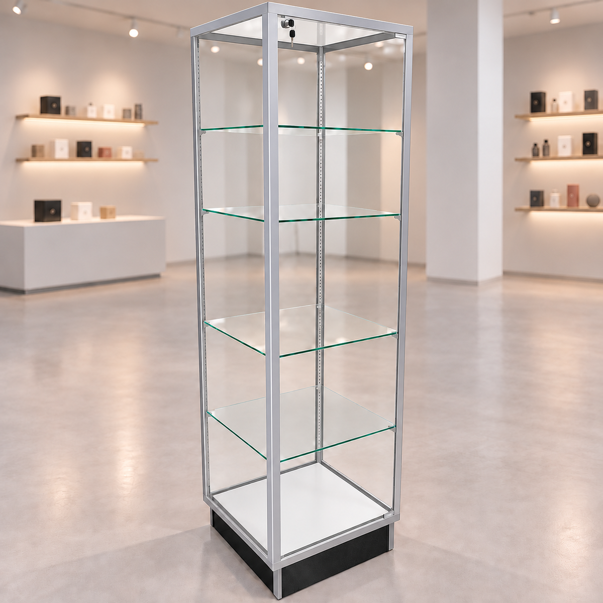 Aluminum Extra Vision Retail Glass Tower Display in a muted retail store