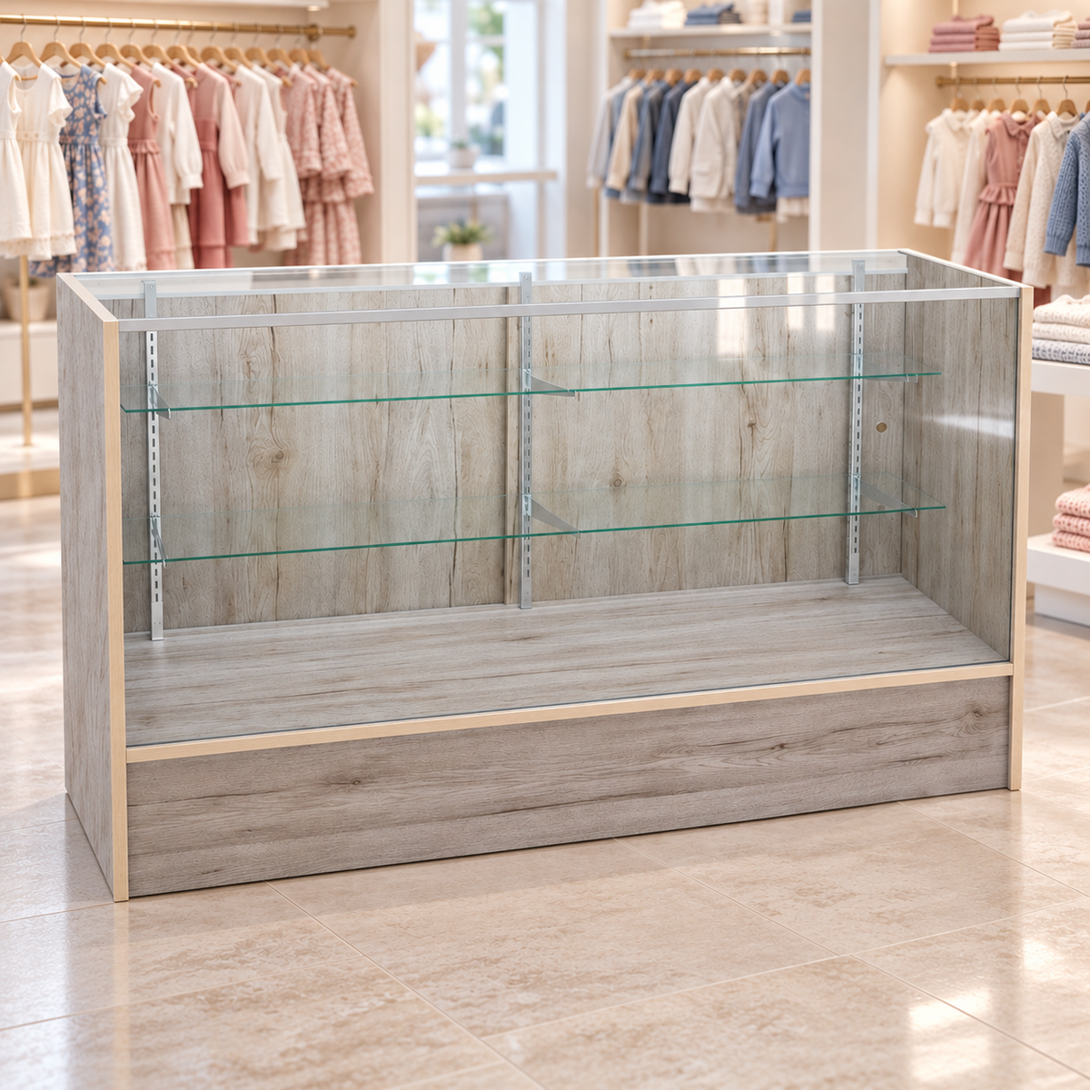 6-foot Barnwood Full Vision Retail Showcase in a clothing boutique