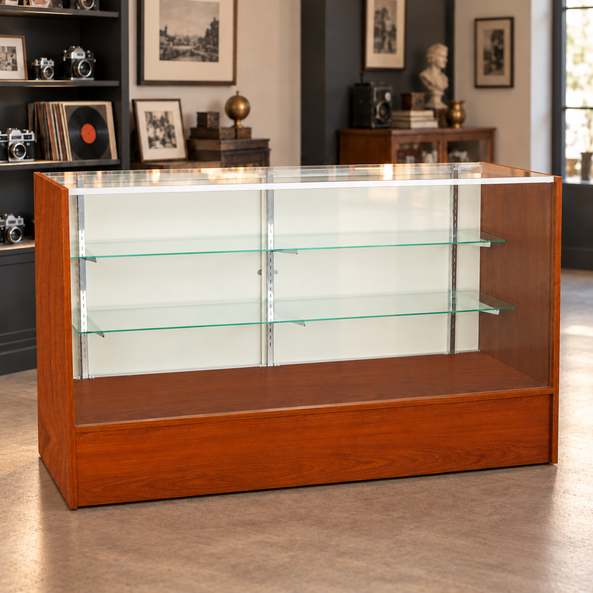 6-foot cherry Full Vision Retail Showcase in a store