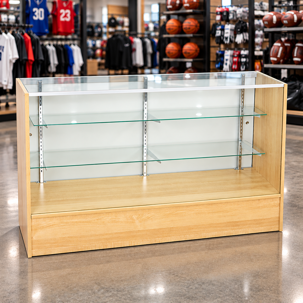 6-foot Maple Full Vision Retail Showcase in a sporting goods store