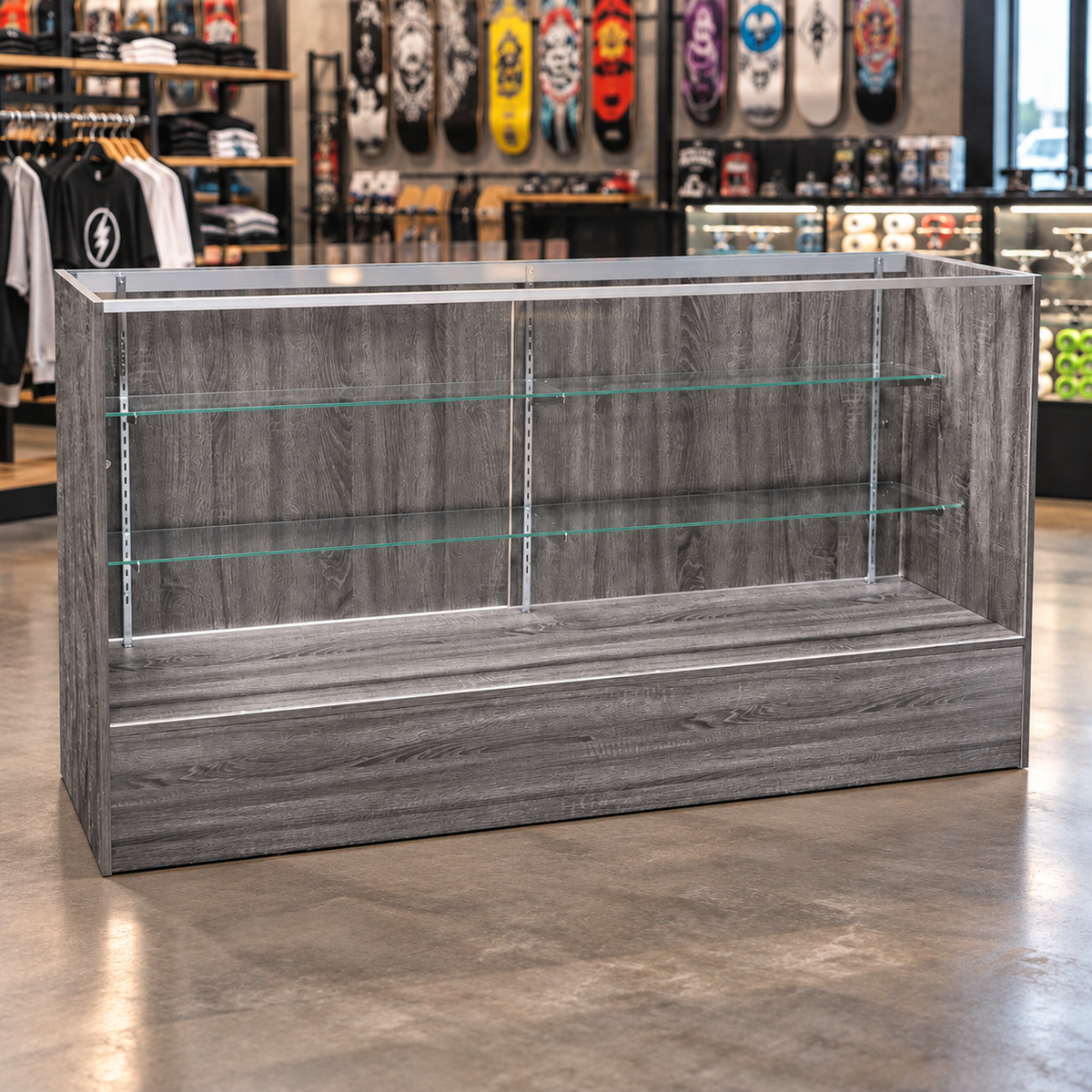 6-foot rustic-gray Full Vision Retail Showcase in a store