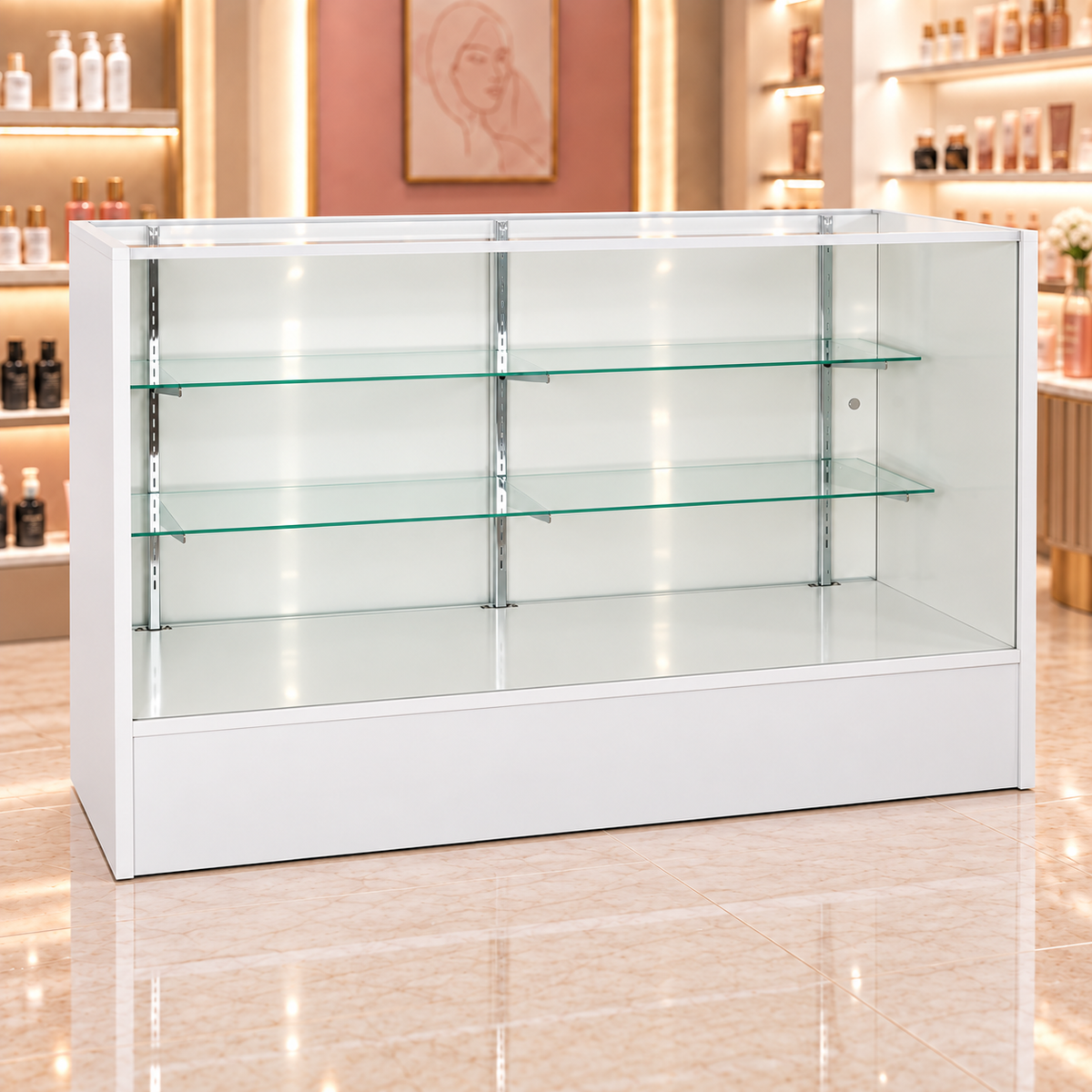 6-foot white Full Vision Retail Showcase in a store