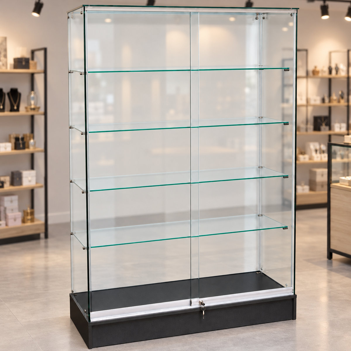 Full Vision Frameless Retail Wallcase – Black in a retail store setting