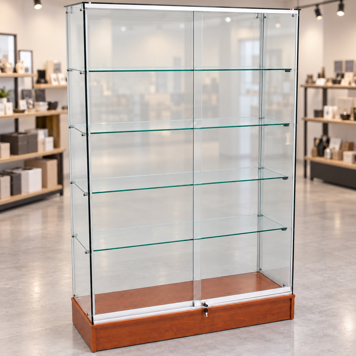 Full Vision Frameless Retail Wallcase – Cherry in a retail store setting