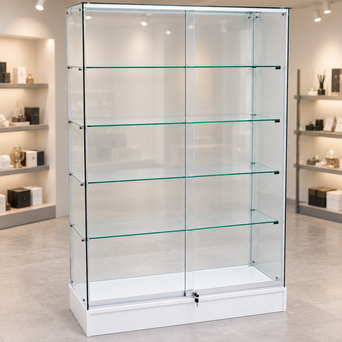 Full Vision Frameless Retail Wallcase – White in a retail store setting