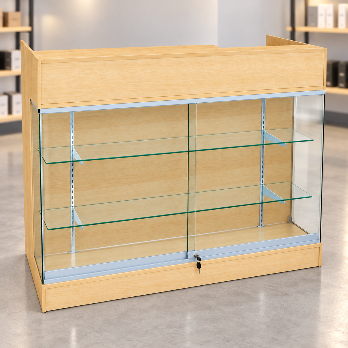 4-foot maple ledgetop counter with glass front in a retail store