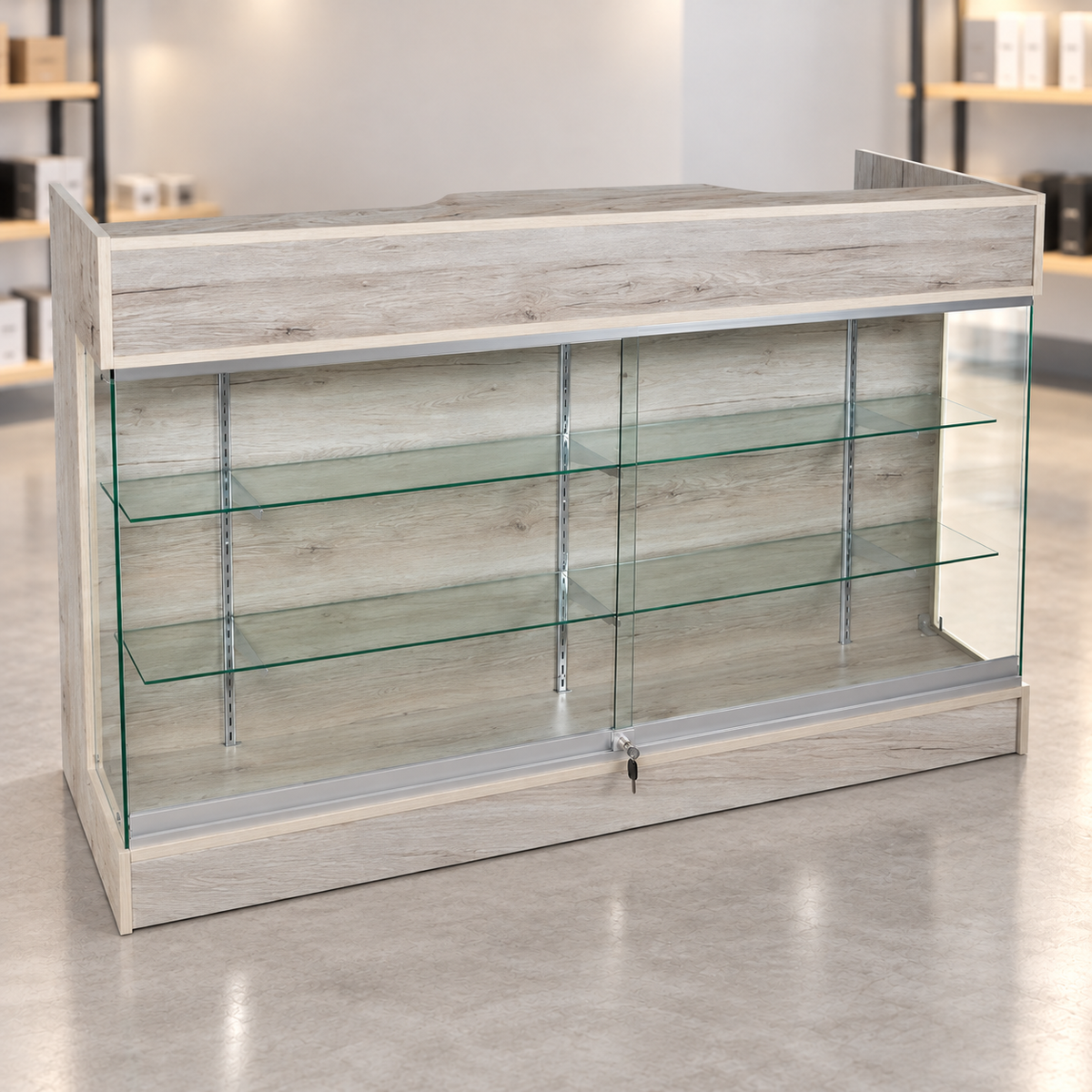 6-foot Barnwood ledgetop counter with glass front in a retail store