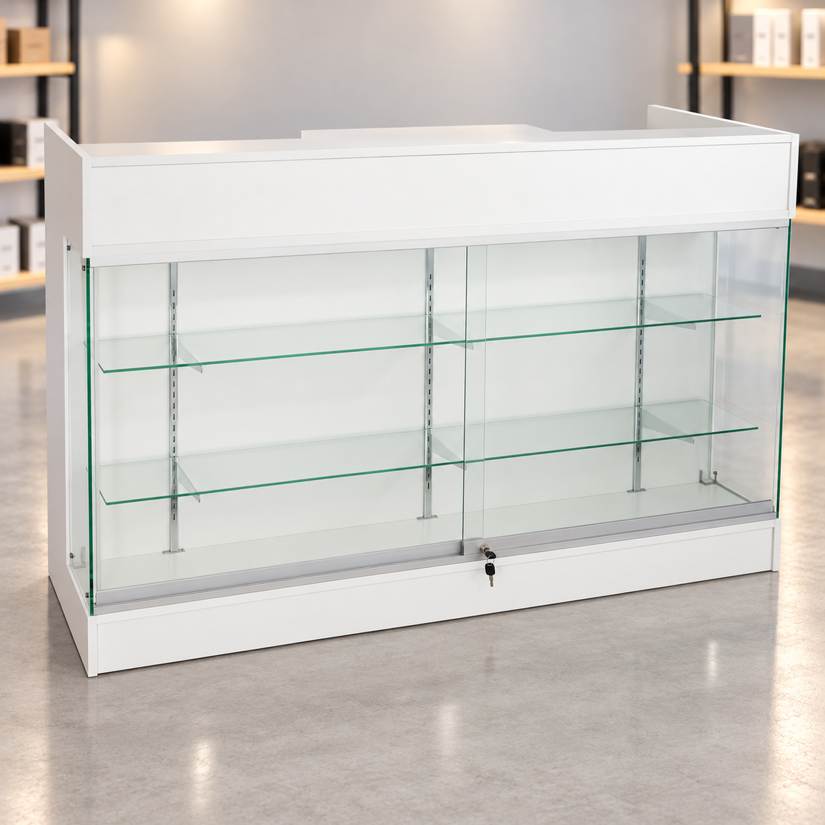 6-foot white ledgetop counter with glass front in a retail store
