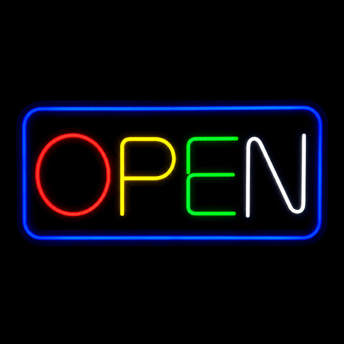 Neon Open Sign with multicolor lettering and a blue border