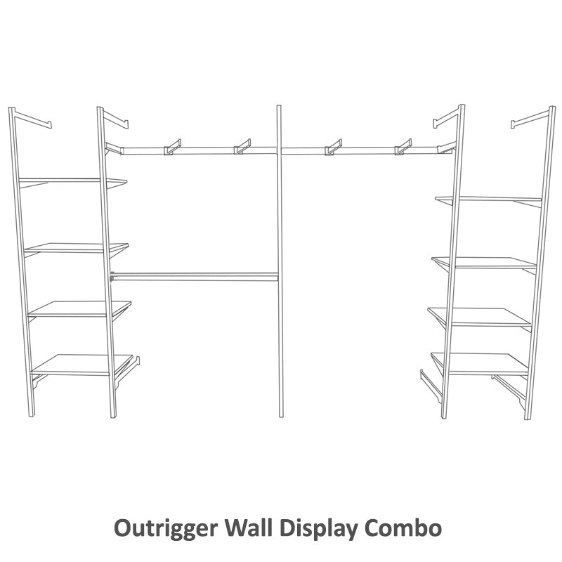 Outrigger wall display combo sketch with eight 12 by 24 inch shelves, four faceouts and hanging rails