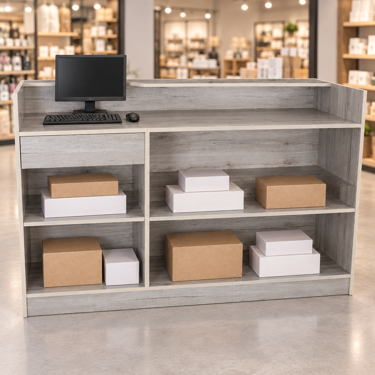 Retail Ledgetop Counter – Barnwood, 6 ft, back view with inventory boxes and computer above drawer