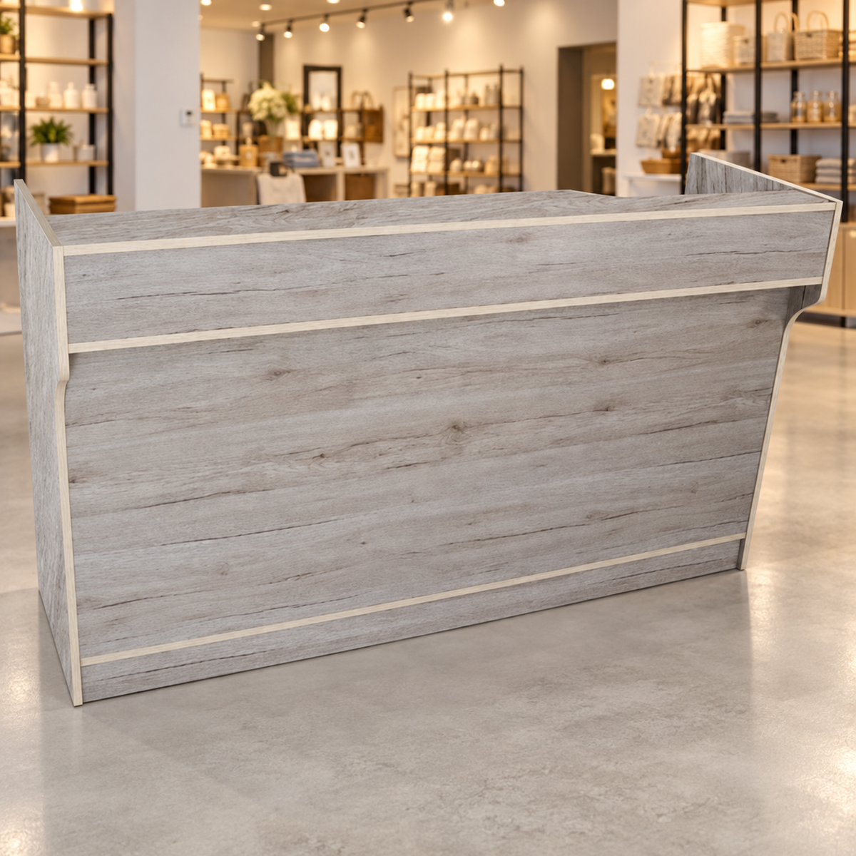Retail Ledgetop Counter – Barnwood, 6 ft, front view in a retail store