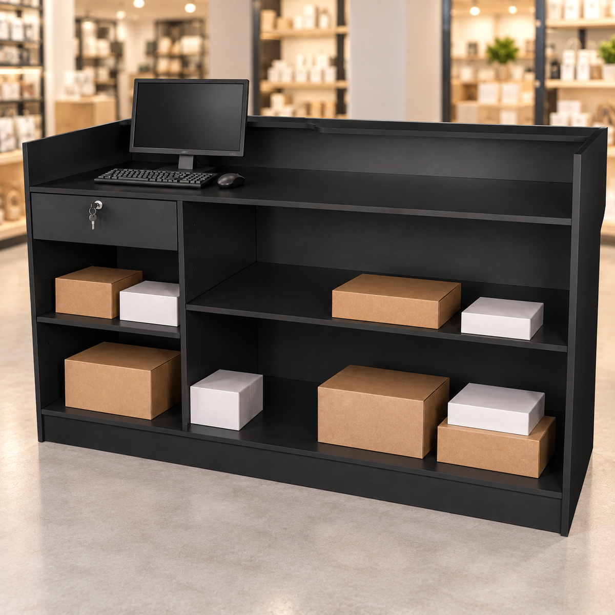 Retail Ledgetop Counter – Black, 6 ft, back view with inventory boxes and computer above drawer