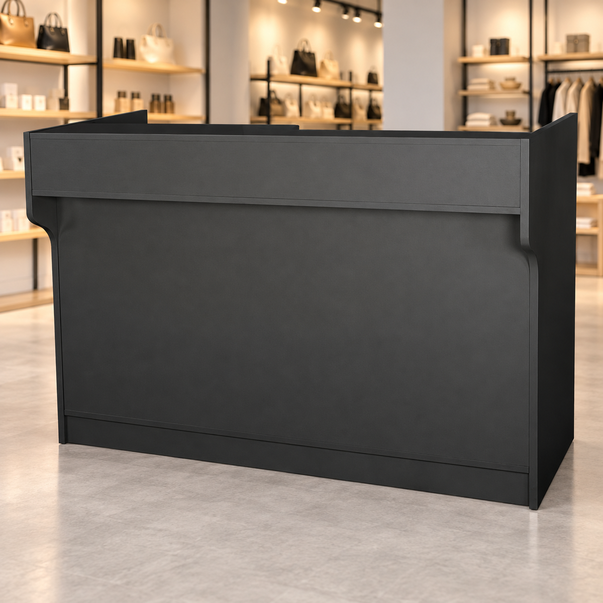 Retail Ledgetop Counter – Black, 6 ft, front view in a retail store
