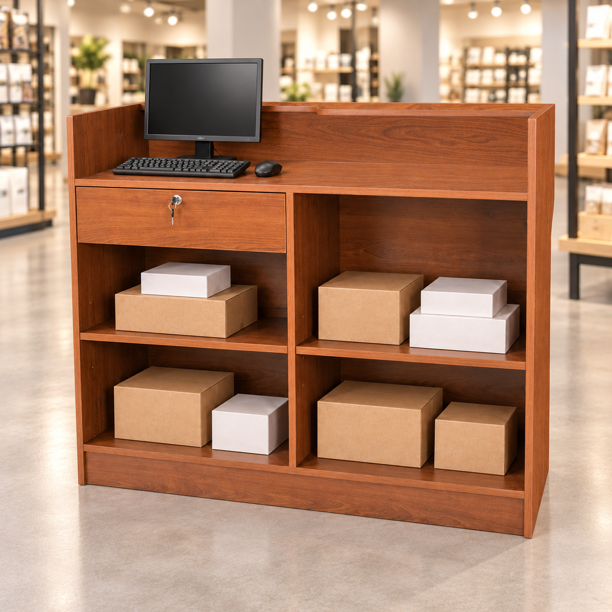 Retail Ledgetop Counter – Cherry, 4 ft, back view with inventory boxes and computer above drawer
