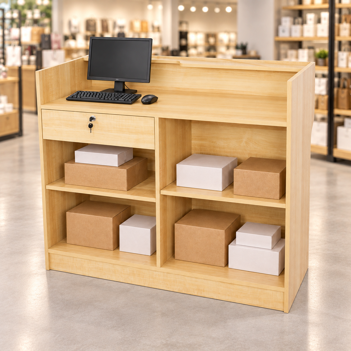 Retail Ledgetop Counter – Maple, 4 ft, back view with inventory boxes and computer above drawer