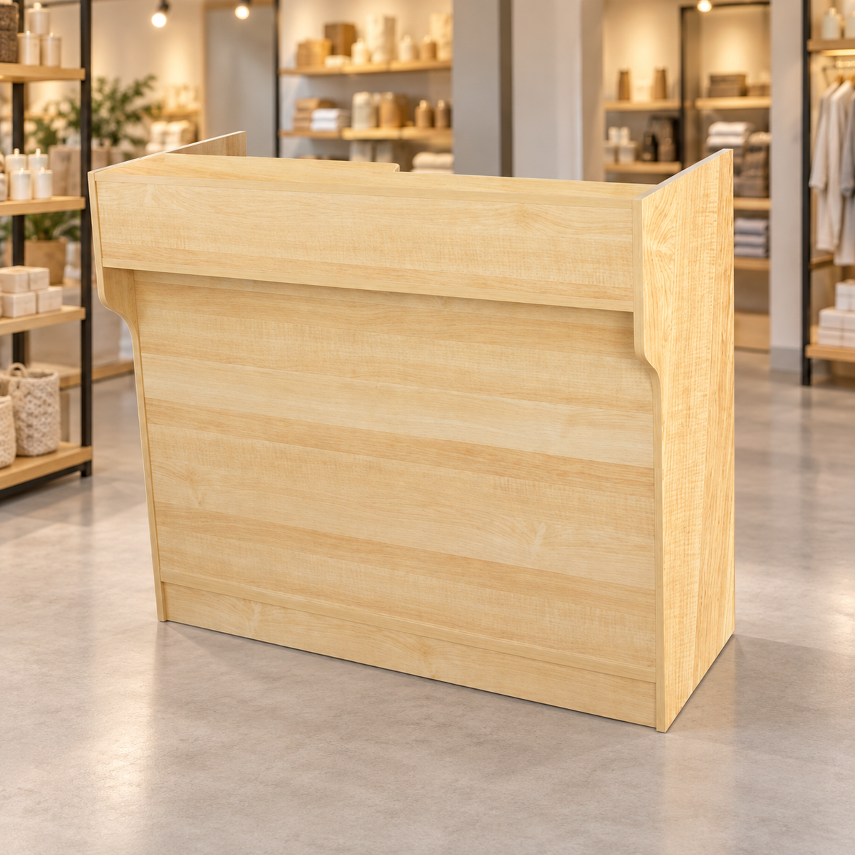 Retail Ledgetop Counter – Maple, 4 ft, front view in a retail store