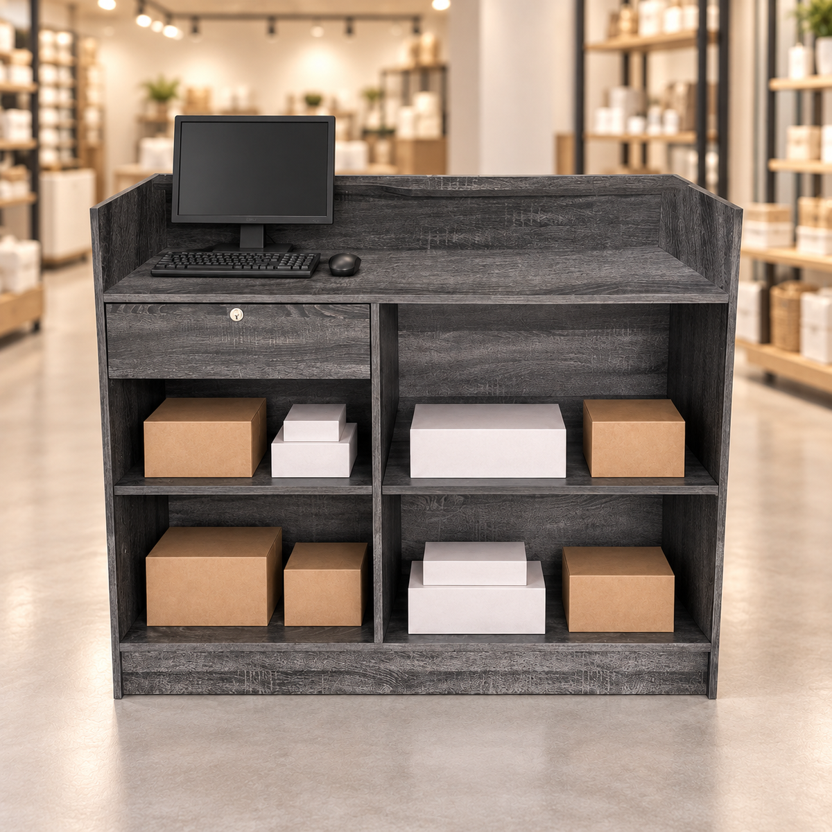 Retail Ledgetop Counter – Rustic Gray, 4 ft, back view with inventory boxes and computer above drawer