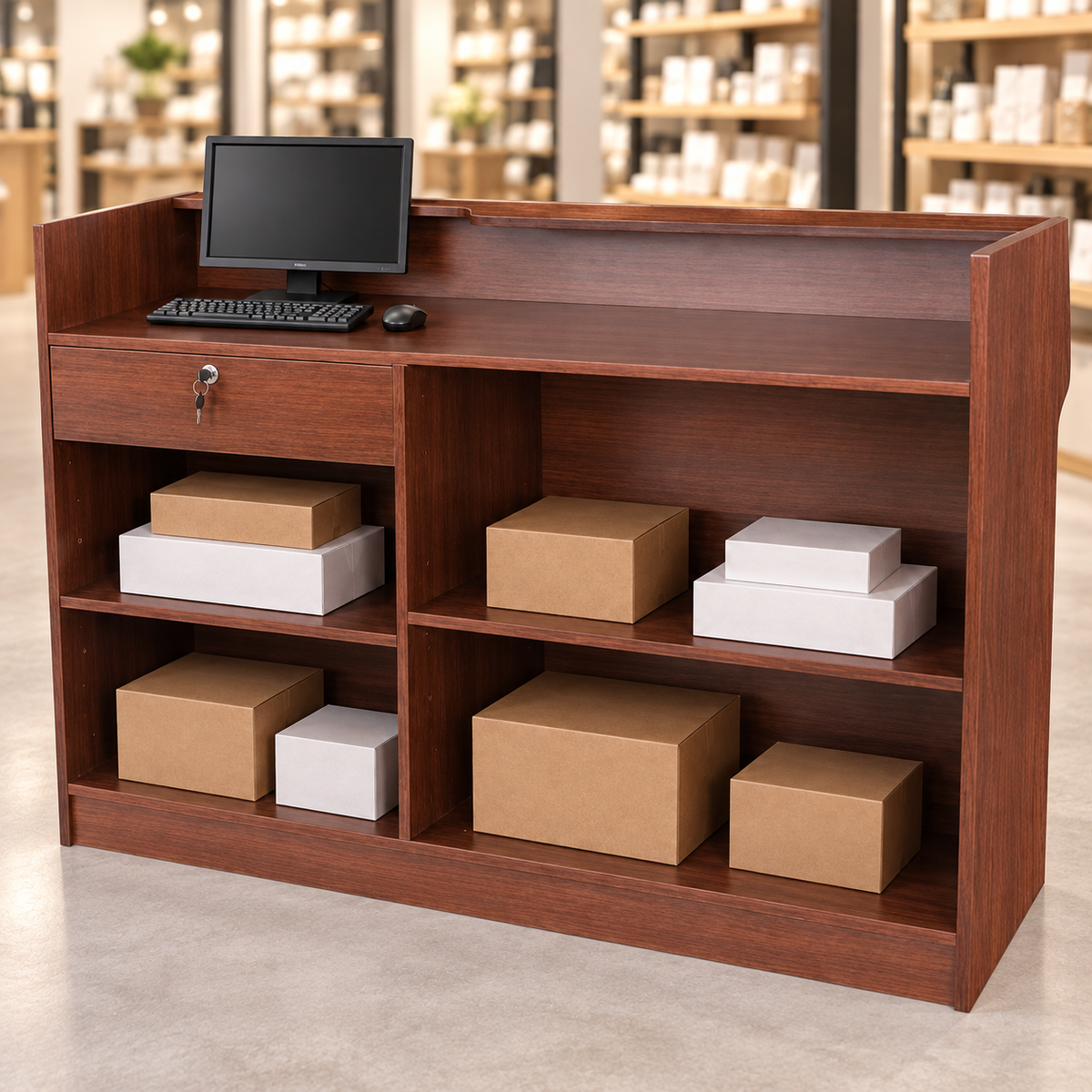 Retail Ledgetop Counter – Walnut, 6 ft, back view with inventory boxes and computer above drawer