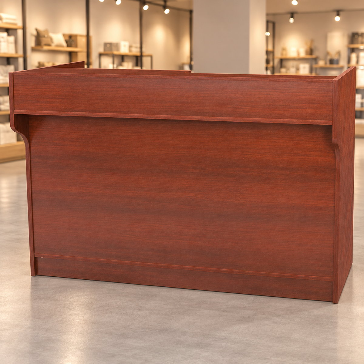 Retail Ledgetop Counter – Walnut, 6 ft, front view in a retail store