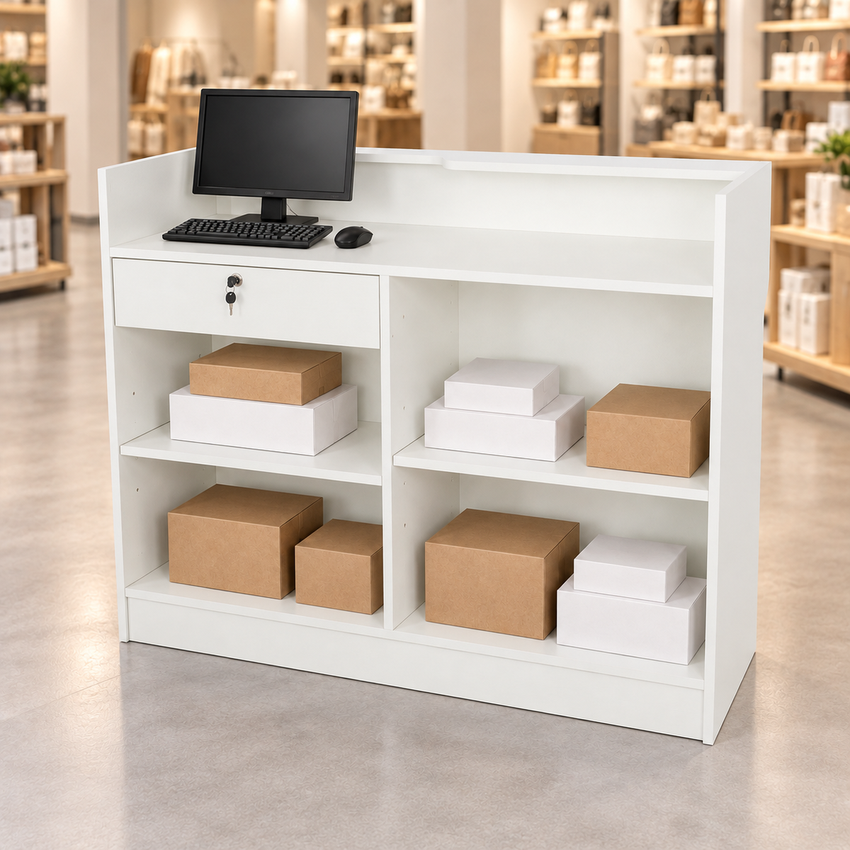Retail Ledgetop Counter – White, 4 ft, back view with inventory boxes and computer above drawer