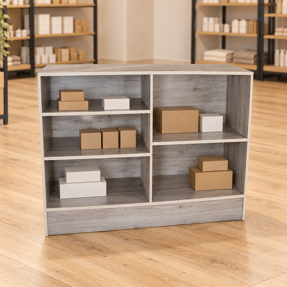 Barnwood 48" Retail Wrap Counter back view with plain inventory boxes in a retail store