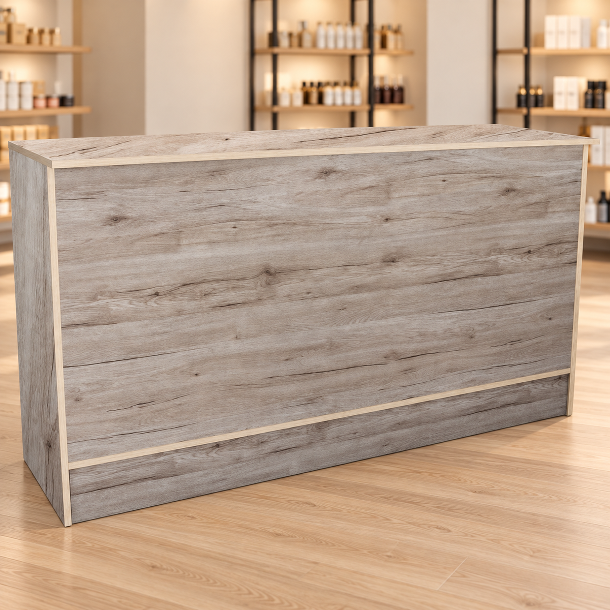 Barnwood 70" Retail Wrap Counter front view in a retail store