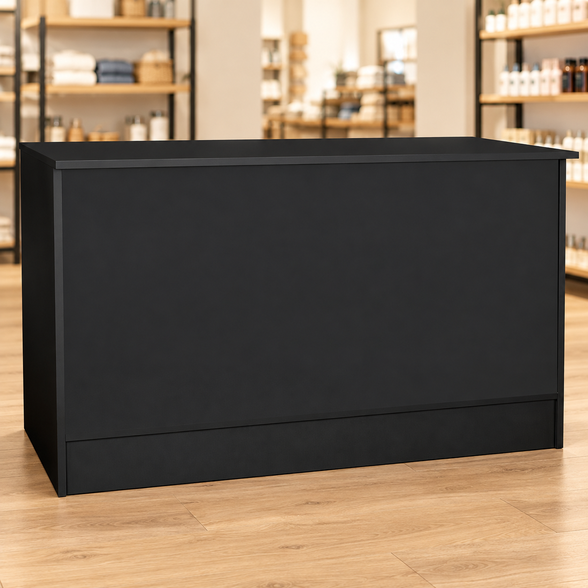 Black 70" Retail Wrap Counter front view in a retail store