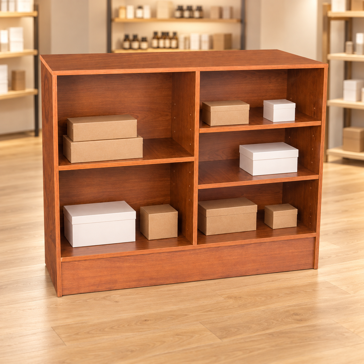 Cherry 48" Retail Wrap Counter back view with plain inventory boxes in a retail store