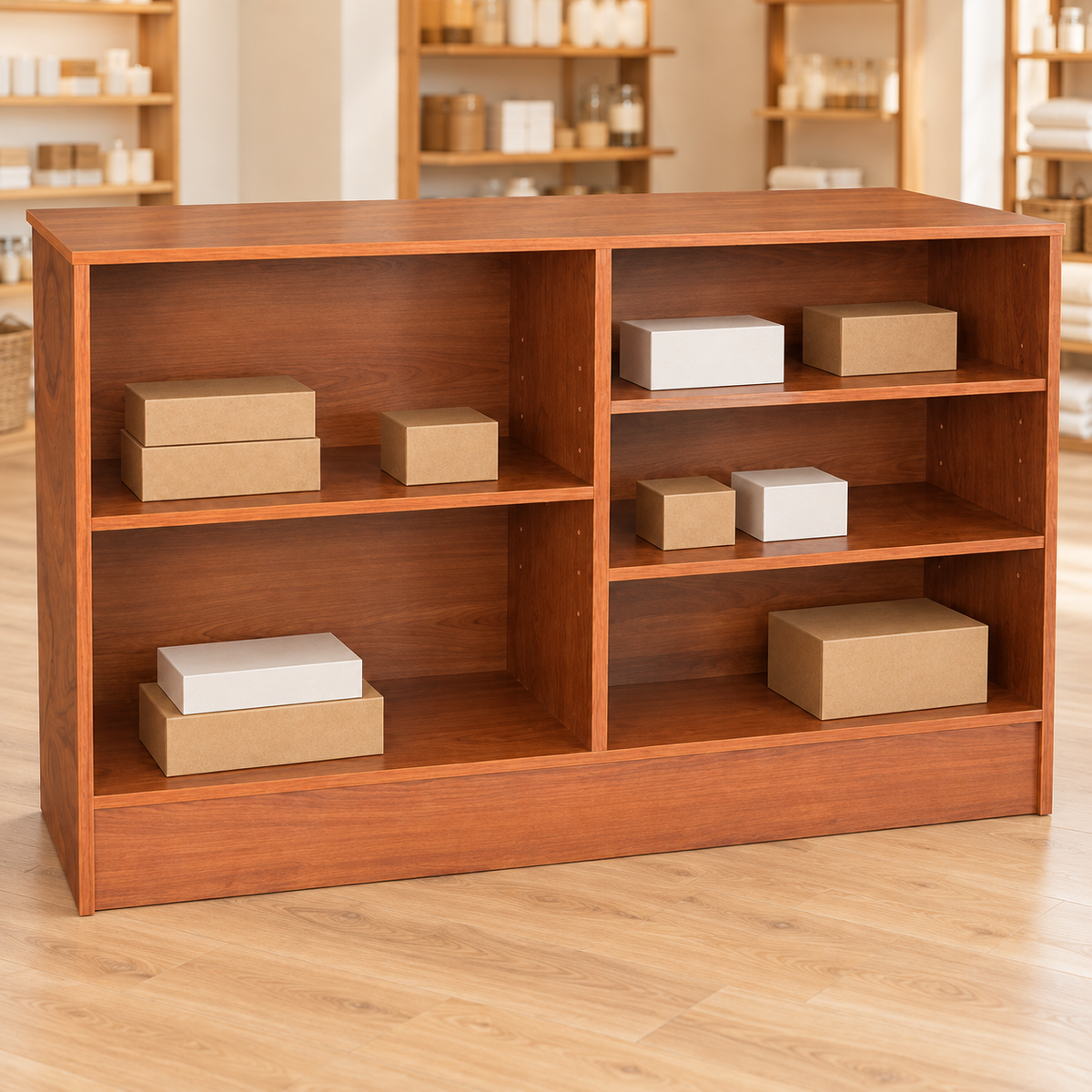 Cherry 70" Retail Wrap Counter back view with plain inventory boxes in a retail store