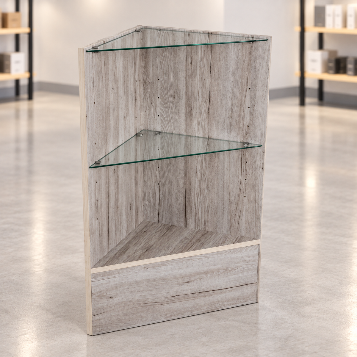 Barnwood triangular retail corner case in a simple retail store