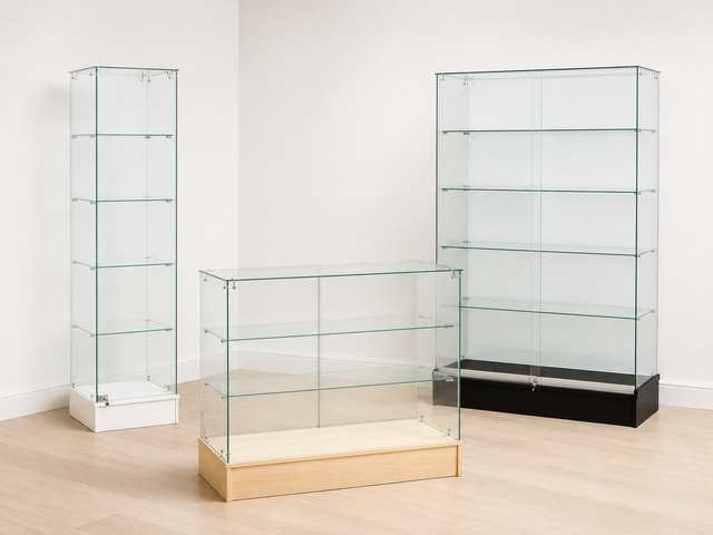 Frameless glass showcase, wallcase, and tower case arranged in a bright showroom