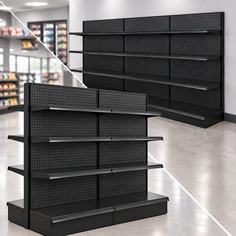 Gondola shelving and accessories in a convenience store
