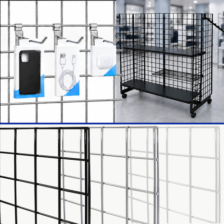 Grid panels, fixtures, hooks and grid merchandisers