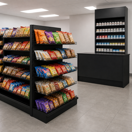 Dawson Jones convenience store gondola, CW6 counter, and cigarette display