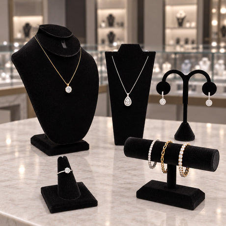 Jewelry displays and accessories on a retail jewelry counter