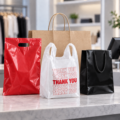 Red die-cut, kraft paper, white thank-you, and black glossy shopping bags on a retail counter