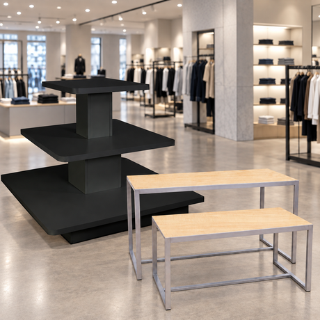 Black tiered display table and maple nesting tables in a retail store