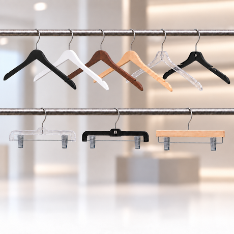 Retail clothing hangers displayed on two chrome rods in a softly blurred store