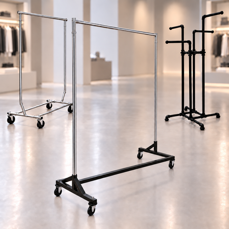 Retail clothing and garment racks in a modern boutique