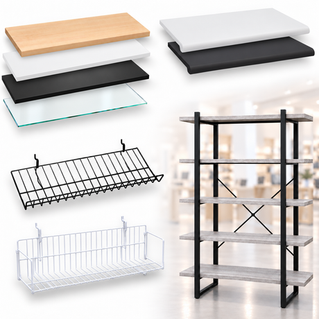 Dawson Jones shelving collection featuring wood, glass, bullnose, wire, and shelving units