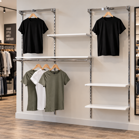 Wall display system with chrome standards, shelves, and apparel in a retail store