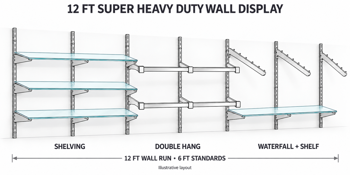 12ft Super Heavy Duty Wall Display Combo with seven 6ft standards, shelving, double hanging rails and waterfalls
