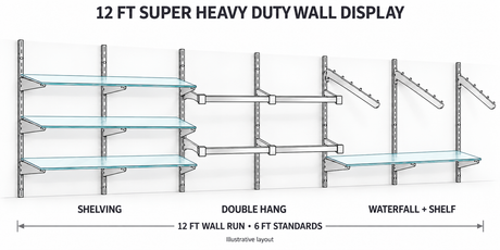 12ft Super Heavy Duty Wall Display Combo with seven 6ft standards, shelving, double hanging rails and waterfalls