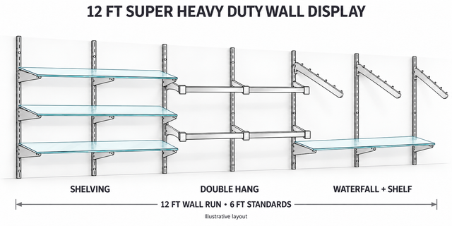 12ft Super Heavy Duty Wall Display Combo with seven 6ft standards, shelving, double hanging rails and waterfalls